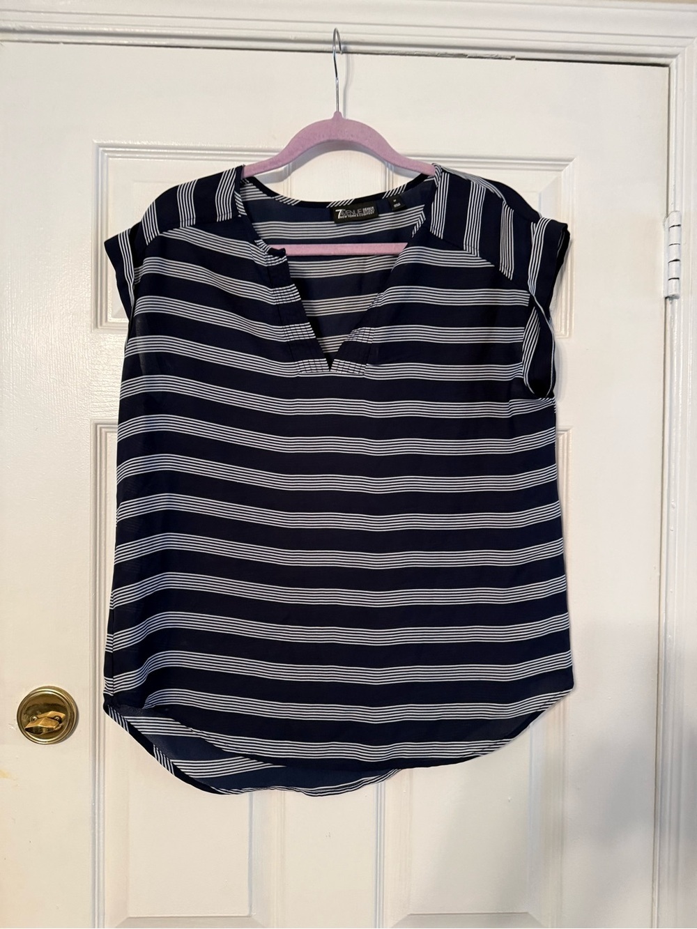 Striped Navy & White Split-Neck Cap Sleeve Blouse
